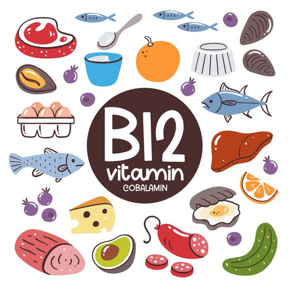 Food products with high level of Vitamin B12 (Cobalamin). Seafood, meat, liver, eggs, dairy, fruits.