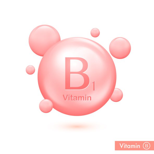 Vitamin B1 pill capcule icon . Vitamin complex bubbles for health care ads. Shining pink substance drop. Vector illustration